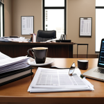 **Prompt:** Busy lawyer's office. Many scattered law documents, laptop showing AI legal analysis, half-empty coffee cups, and chaotic but organized environment. Focus on the pressure and fast-paced nature of a law firm.