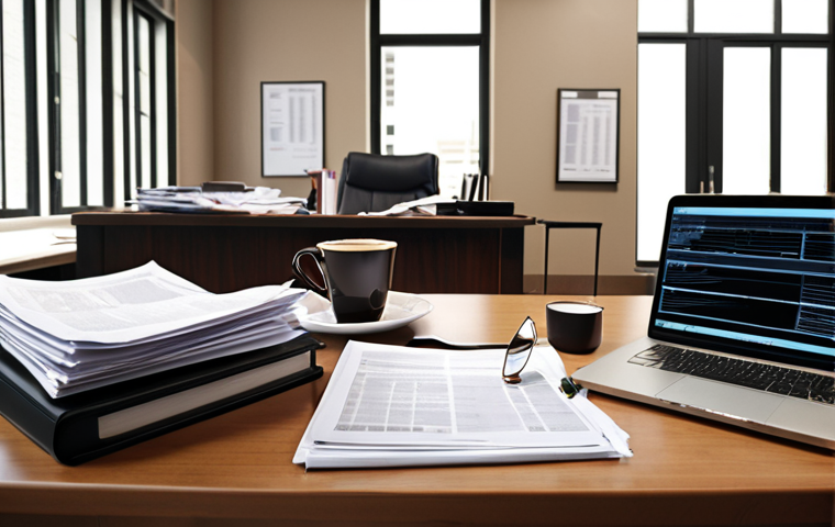 **Prompt:** Busy lawyer's office. Many scattered law documents, laptop showing AI legal analysis, half-empty coffee cups, and chaotic but organized environment. Focus on the pressure and fast-paced nature of a law firm.