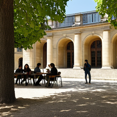 Home 18 Law School Entrance**
A bustling university campus in France, with students studying law books under the shade of trees. Focus on the architectural style typical of French universities. Capture the intellectual atmosphere and a sense of challenge and ambition. Depict students engrossed in their studies, highlighting the "licence en droit" and "master en droit" stages.
**