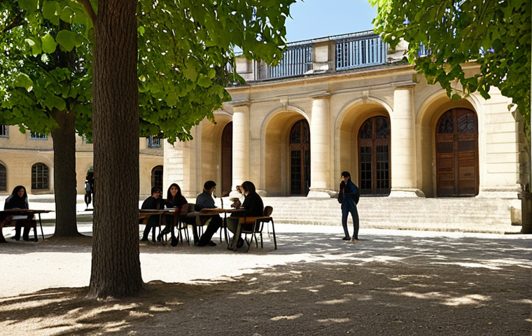 Law School Entrance**
A bustling university campus in France, with students studying law books under the shade of trees. Focus on the architectural style typical of French universities. Capture the intellectual atmosphere and a sense of challenge and ambition. Depict students engrossed in their studies, highlighting the "licence en droit" and "master en droit" stages.
**