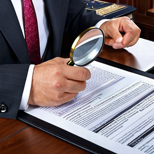Home 17 **A lawyer meticulously analyzing a complex contract under a magnifying glass, highlighting key clauses and potential risks. Emphasize the importance of due diligence in contractual agreements.**