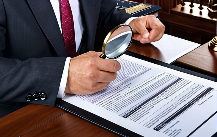 **A lawyer meticulously analyzing a complex contract under a magnifying glass, highlighting key clauses and potential risks. Emphasize the importance of due diligence in contractual agreements.**