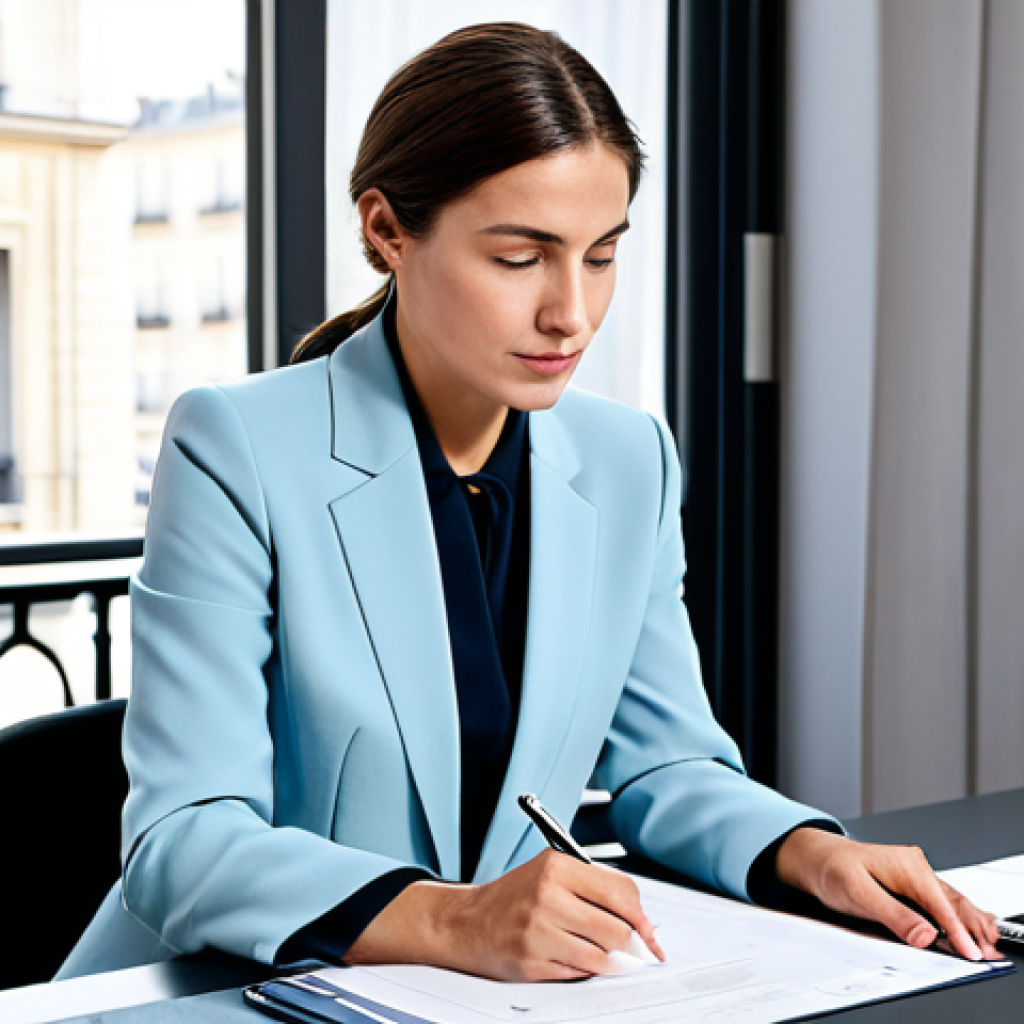 **

"A professional female legal advisor in a modest, tailored business suit, sitting at a tidy desk in a bright, modern Parisian office, reviewing documents with a focused expression. The office features a window overlooking a Parisian street scene. Fully clothed, appropriate attire, safe for work, perfect anatomy, correct proportions, professional, family-friendly, natural pose, well-formed hands, proper finger count, natural body proportions, high quality."

**