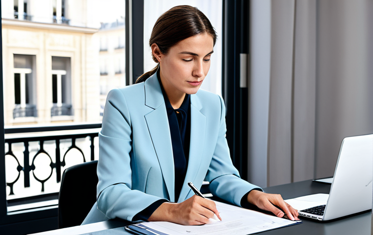 **
"A professional female legal advisor in a modest, tailored business suit, sitting at a tidy desk in a bright, modern Parisian office, reviewing documents with a focused expression. The office features a window overlooking a Parisian street scene. Fully clothed, appropriate attire, safe for work, perfect anatomy, correct proportions, professional, family-friendly, natural pose, well-formed hands, proper finger count, natural body proportions, high quality."
**