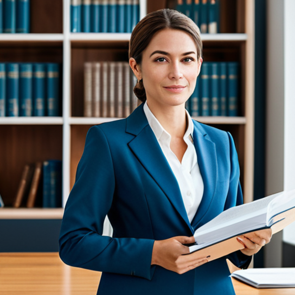 **

A professional female lawyer in a modest business suit, standing confidently in a bright, modern office. Bookshelves and legal documents are visible in the background.  Fully clothed, appropriate attire, safe for work, perfect anatomy, natural proportions, professional portrait, high quality, professional.

**
