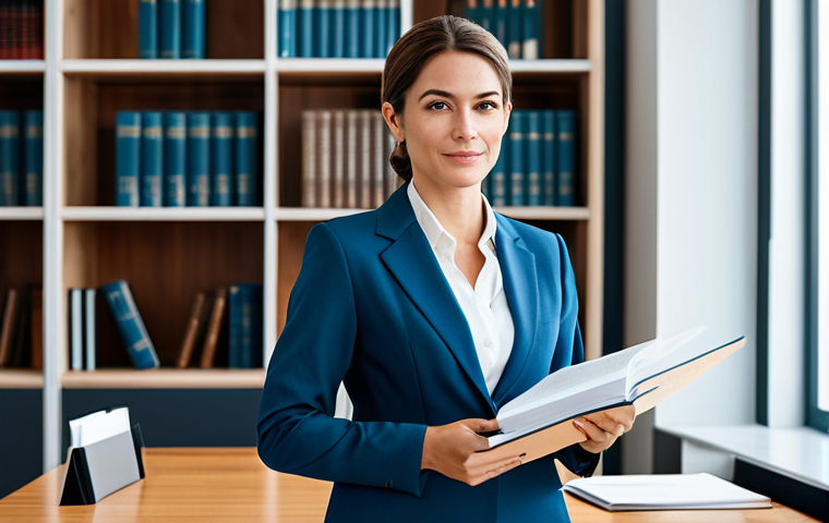 **

A professional female lawyer in a modest business suit, standing confidently in a bright, modern office. Bookshelves and legal documents are visible in the background.  Fully clothed, appropriate attire, safe for work, perfect anatomy, natural proportions, professional portrait, high quality, professional.

**