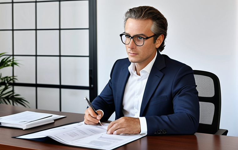 법률 자문가의 법적 자문 - **

"A professional lawyer in a modest business suit, sitting at a desk in a bright, modern French l...