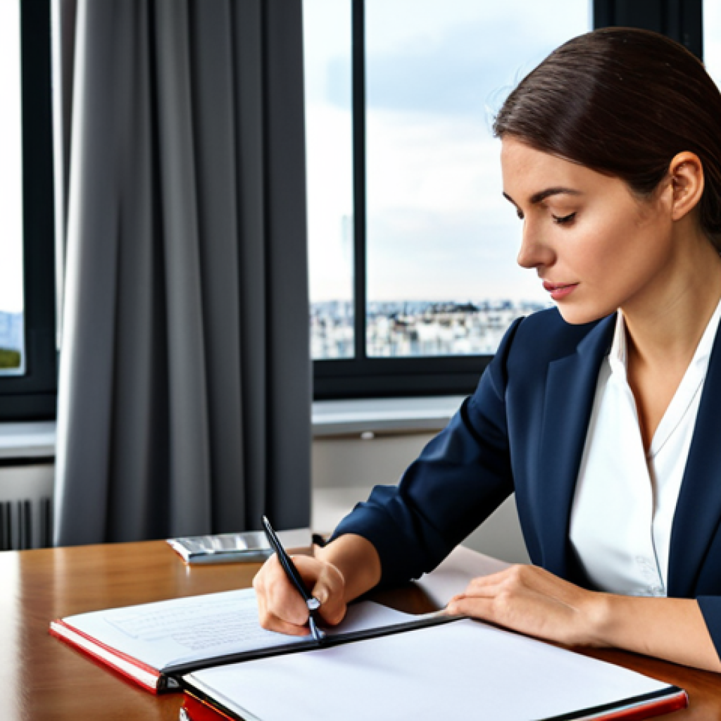 법률 자문가의 고객 관리 절차 - **
A successful female lawyer in a modern Parisian office, working on a case. She is wearing a styl...