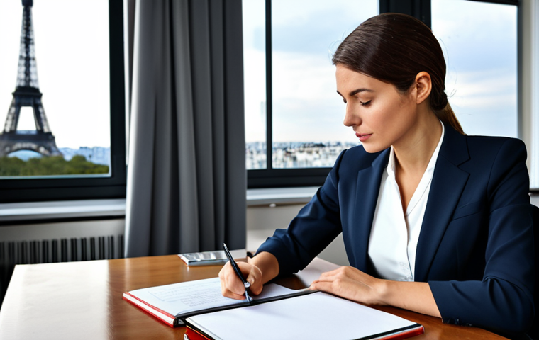 법률 자문가의 고객 관리 절차 - **
A successful female lawyer in a modern Parisian office, working on a case. She is wearing a styl...