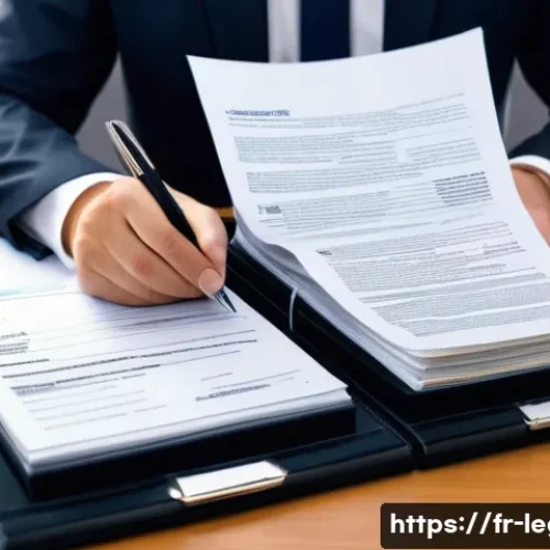 법률 자문가의 법적 문서 작성법 - A professional French legal office scene, showcasing a well-organized desk with neatly stacked legal...