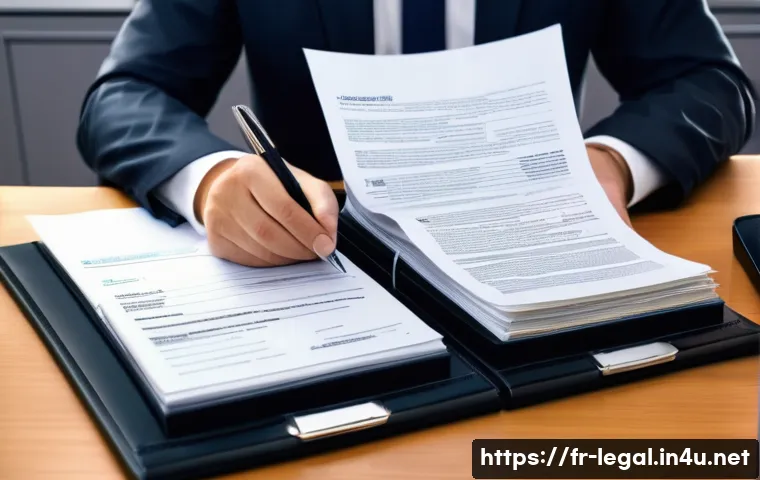 법률 자문가의 법적 문서 작성법 - A professional French legal office scene, showcasing a well-organized desk with neatly stacked legal...