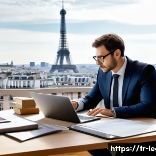 법률 자문가의 실무 기술 향상 - A professional French legal advisor in a modern Parisian office, deeply analyzing real case files sp...
