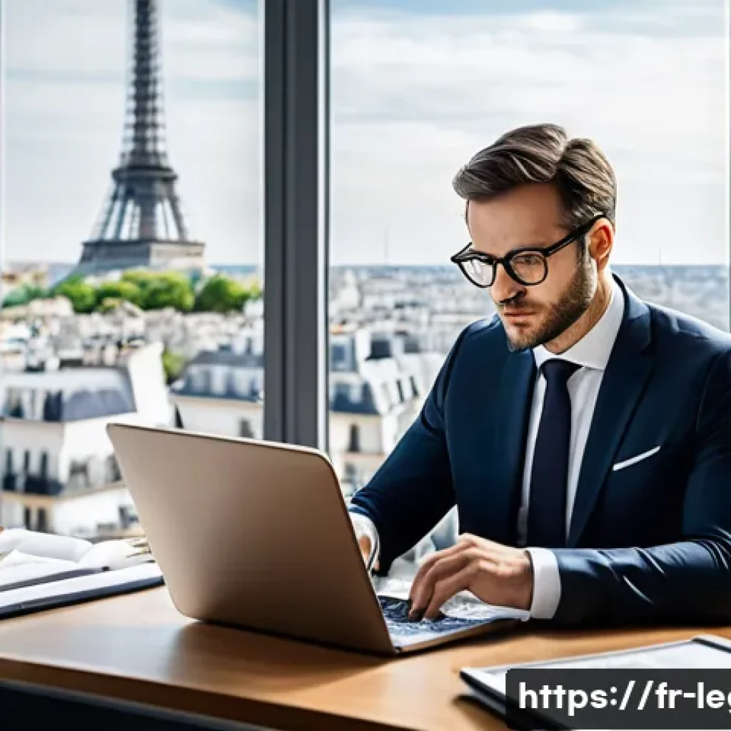 법률 자문가의 경력 변화 패턴 - A professional French legal advisor in a modern office setting, dressed in smart business attire and...