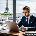 법률 자문가의 경력 변화 패턴 - A professional French legal advisor in a modern office setting, dressed in smart business attire and...