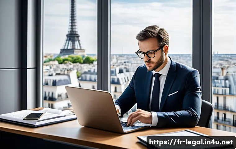 법률 자문가의 경력 변화 패턴 - A professional French legal advisor in a modern office setting, dressed in smart business attire and...