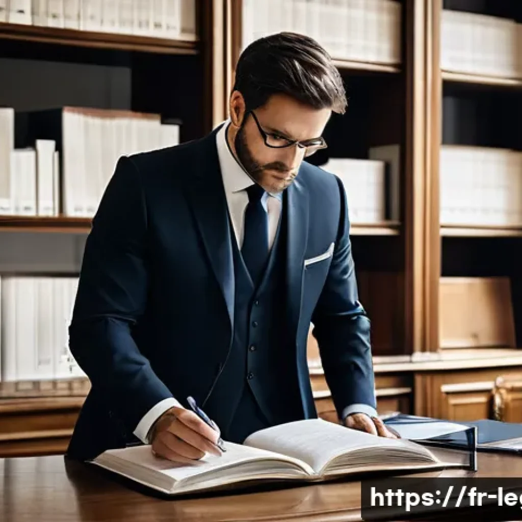 법률자문가의 경험 기반 학습 - A professional French lawyer in a modern Parisian law office, dressed in a dark tailored suit and wh...