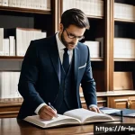 법률자문가의 경험 기반 학습 - A professional French lawyer in a modern Parisian law office, dressed in a dark tailored suit and wh...