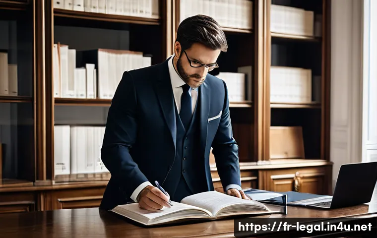 법률자문가의 경험 기반 학습 - A professional French lawyer in a modern Parisian law office, dressed in a dark tailored suit and wh...