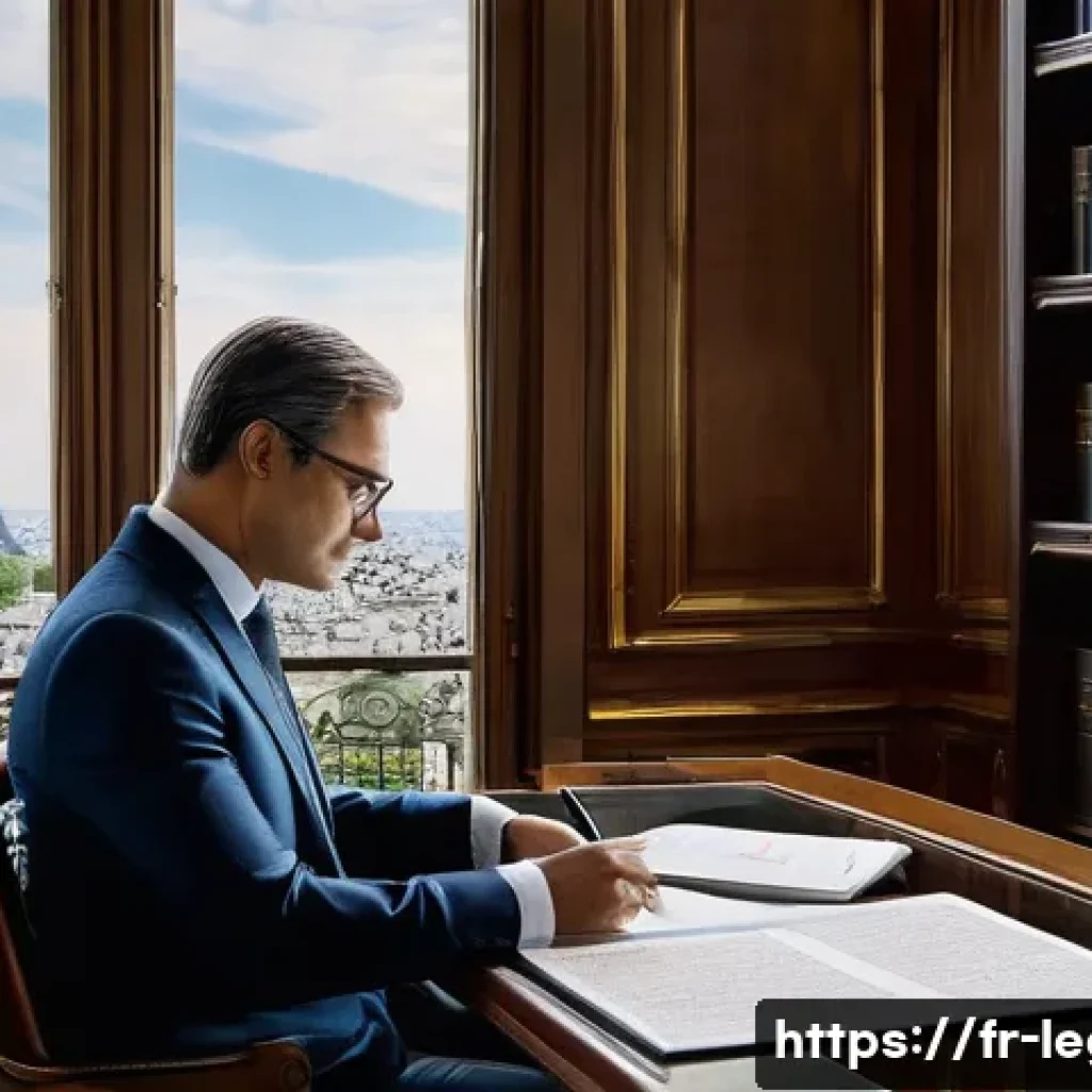 법률자문가의 법률 분석법 - A sophisticated modern law office scene in Paris, featuring a well-dressed French legal professional...