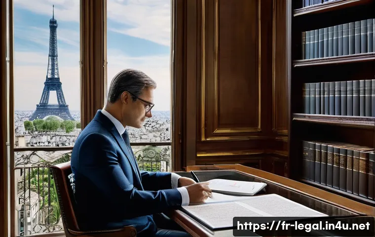 법률자문가의 법률 분석법 - A sophisticated modern law office scene in Paris, featuring a well-dressed French legal professional...