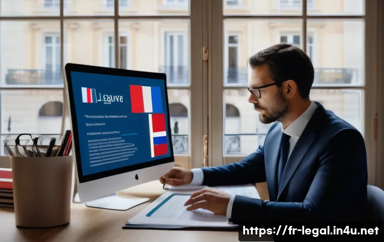 법률자문가로서의 직무 완성도 높이기 - A modern French legal office scene showing a professional lawyer analyzing recent labor law reforms ...