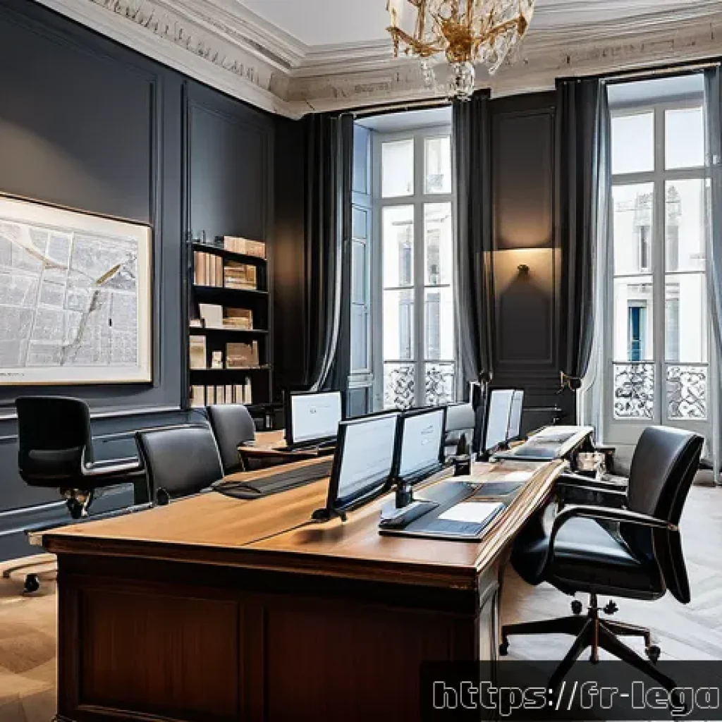 법률 자문가의 전문 지식 강화법 - A modern law office setting featuring a diverse group of French legal professionals using advanced d...