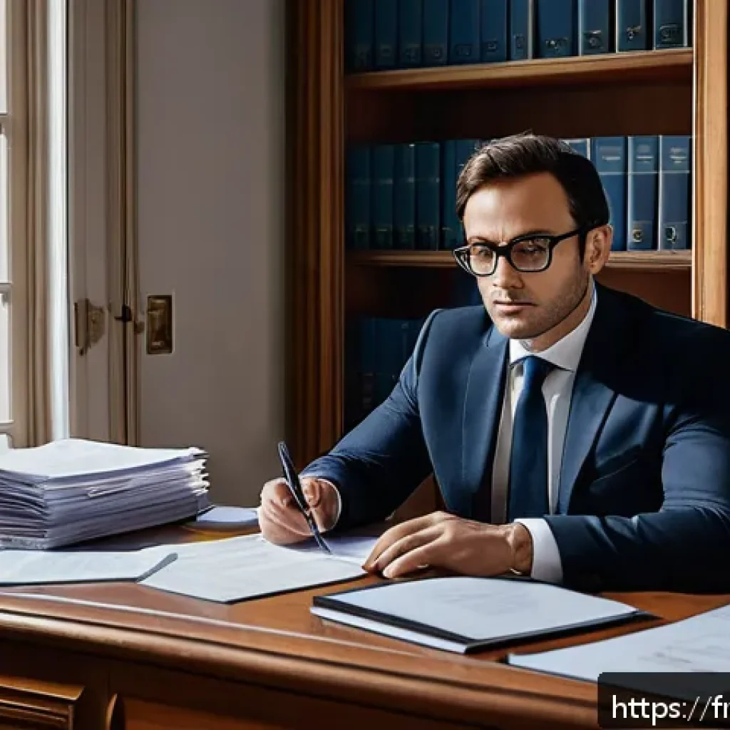 법률자문가의 법적 분석 - A sophisticated legal office interior scene with a French lawyer meticulously analyzing a large doss...