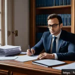 법률자문가의 법적 분석 - A sophisticated legal office interior scene with a French lawyer meticulously analyzing a large doss...