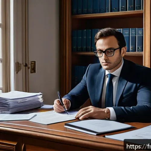 법률자문가의 법적 분석 - A sophisticated legal office interior scene with a French lawyer meticulously analyzing a large doss...