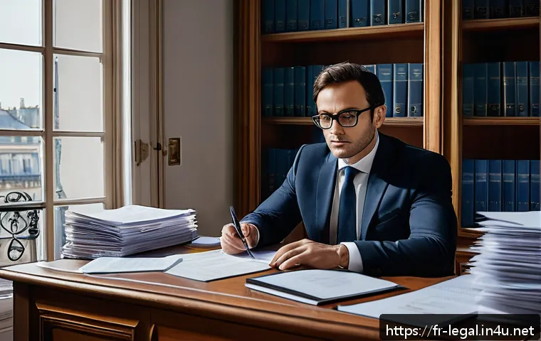 법률자문가의 법적 분석 - A sophisticated legal office interior scene with a French lawyer meticulously analyzing a large doss...