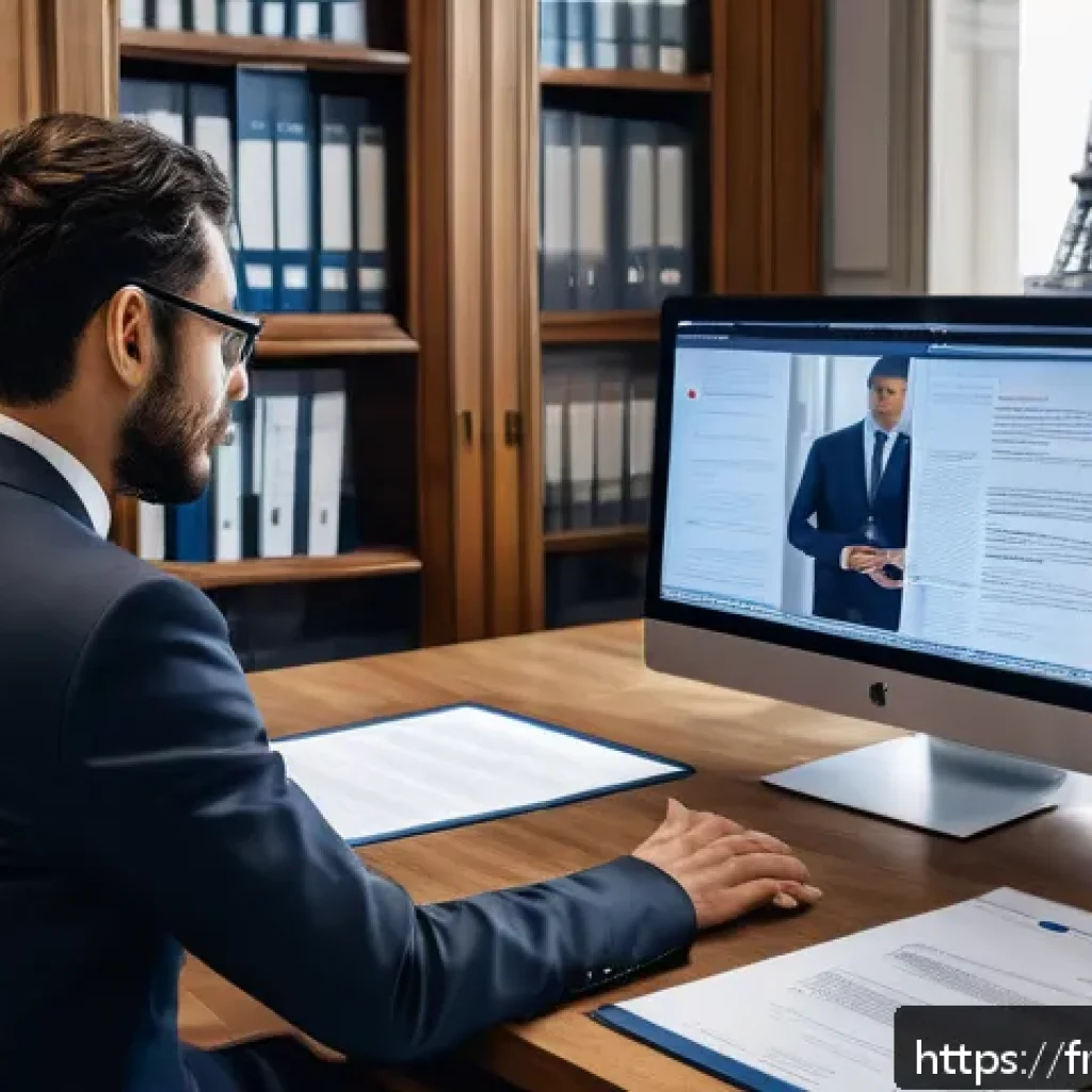 법률자문가의 이론과 실무 - A modern French legal professional in a sleek, contemporary law office in Paris, dressed in formal b...