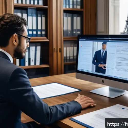 법률자문가의 이론과 실무 - A modern French legal professional in a sleek, contemporary law office in Paris, dressed in formal b...