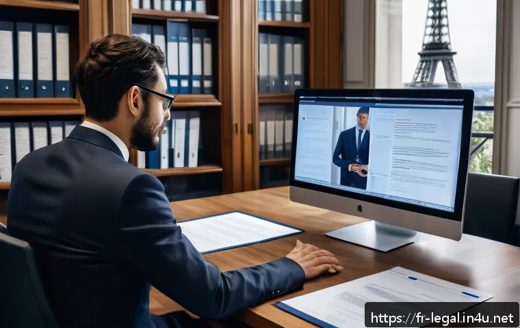 법률자문가의 이론과 실무 - A modern French legal professional in a sleek, contemporary law office in Paris, dressed in formal b...