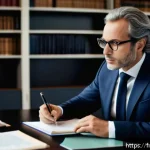 법률 자문가의 윤리적 책임 - A professional French lawyer in a modern office setting, wearing a tailored dark suit and glasses, a...