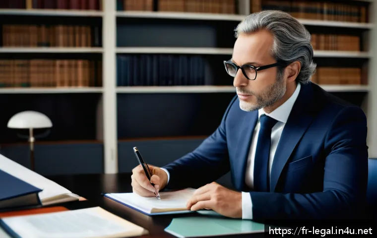 법률 자문가의 윤리적 책임 - A professional French lawyer in a modern office setting, wearing a tailored dark suit and glasses, a...