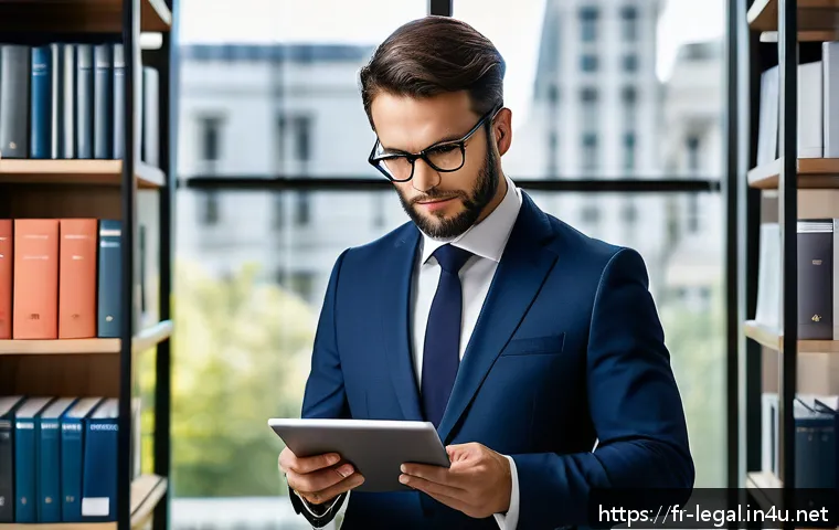 법률 자문가 자격증 종류 - A professional French legal advisor in a modern office setting, wearing a tailored business suit and...