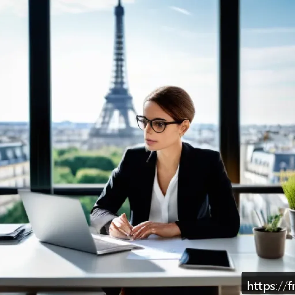 법률자문가 이직 전략 - A professional French legal consultant sitting at a modern office desk, thoughtfully reviewing a det...
