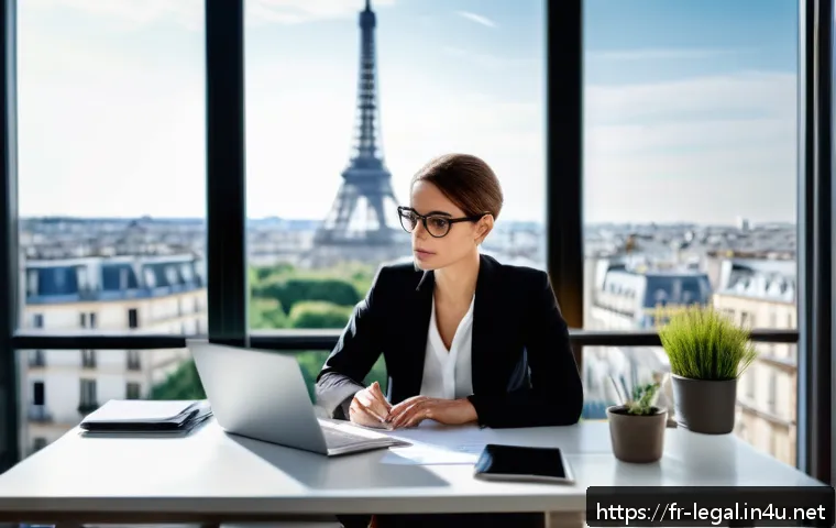 법률자문가 이직 전략 - A professional French legal consultant sitting at a modern office desk, thoughtfully reviewing a det...