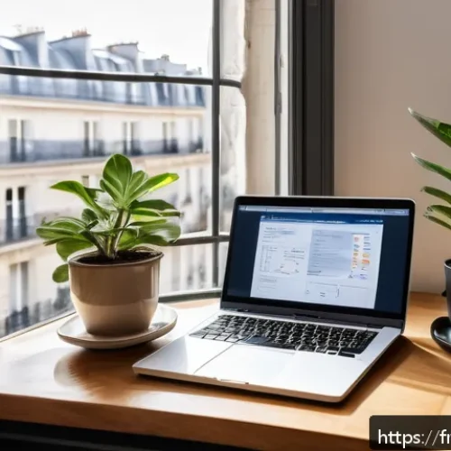법률 자문가의 시간 관리 - A modern French lawyer&rsquo;s workspace in Paris, featuring a sleek wooden desk with a laptop displaying ...
