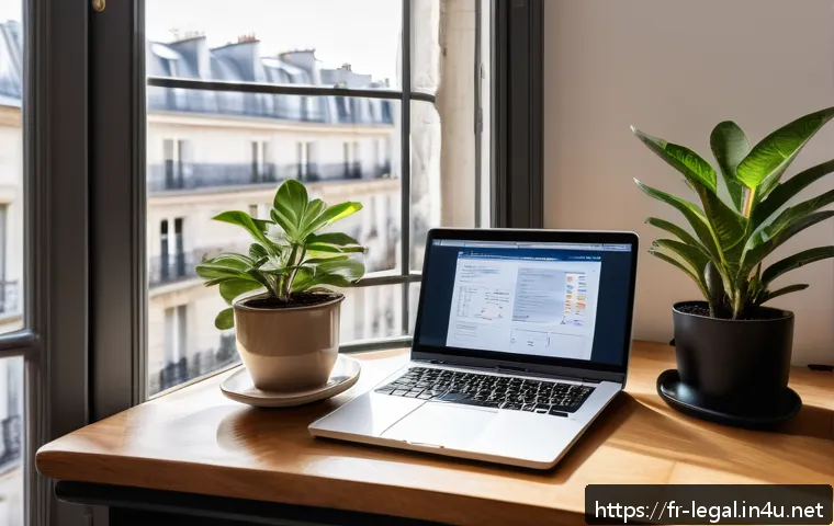 법률 자문가의 시간 관리 - A modern French lawyer’s workspace in Paris, featuring a sleek wooden desk with a laptop displaying ...