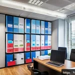 법률 자문가의 법적 서식 관리법 - A modern law office interior with a large wooden desk covered in organized legal documents, folders ...