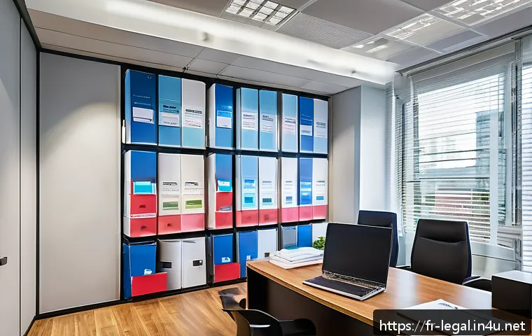 법률 자문가의 법적 서식 관리법 - A modern law office interior with a large wooden desk covered in organized legal documents, folders ...