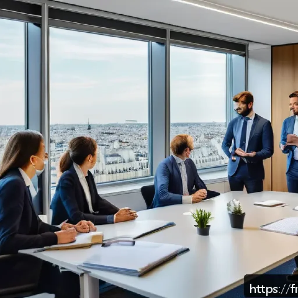 법률 자문가의 직장 내 개선 사항 - A modern French corporate office scene showing a diverse group of professional employees in business...