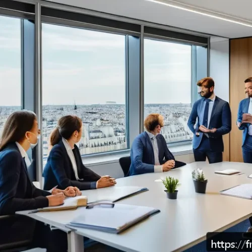 법률 자문가의 직장 내 개선 사항 - A modern French corporate office scene showing a diverse group of professional employees in business...