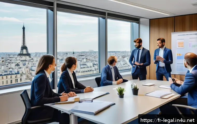 법률 자문가의 직장 내 개선 사항 - A modern French corporate office scene showing a diverse group of professional employees in business...