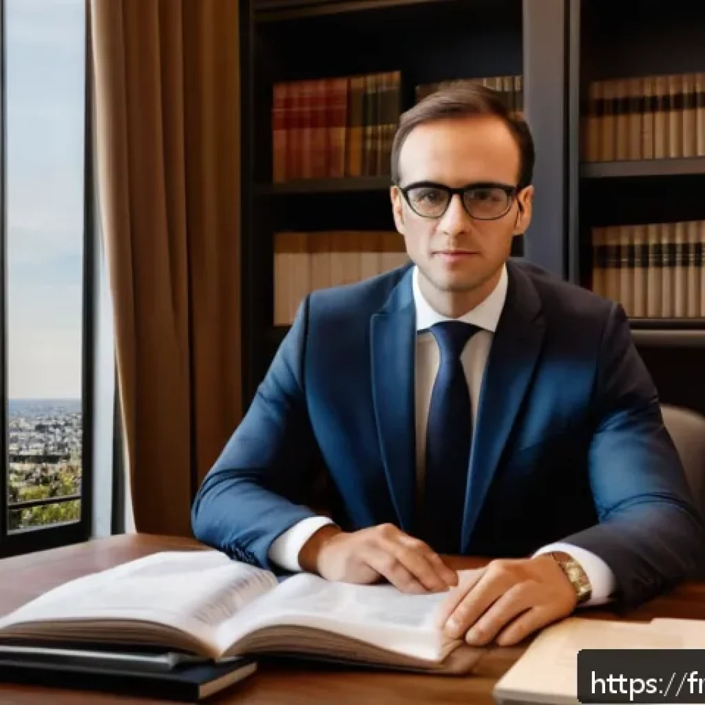 법률 자문가의 진로 탐색 - A professional French legal advisor in a modern office setting, wearing a tailored dark suit and gla...