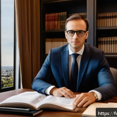 법률 자문가의 진로 탐색 - A professional French legal advisor in a modern office setting, wearing a tailored dark suit and gla...