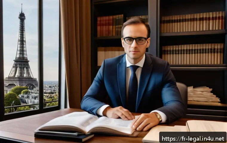 법률 자문가의 진로 탐색 - A professional French legal advisor in a modern office setting, wearing a tailored dark suit and gla...
