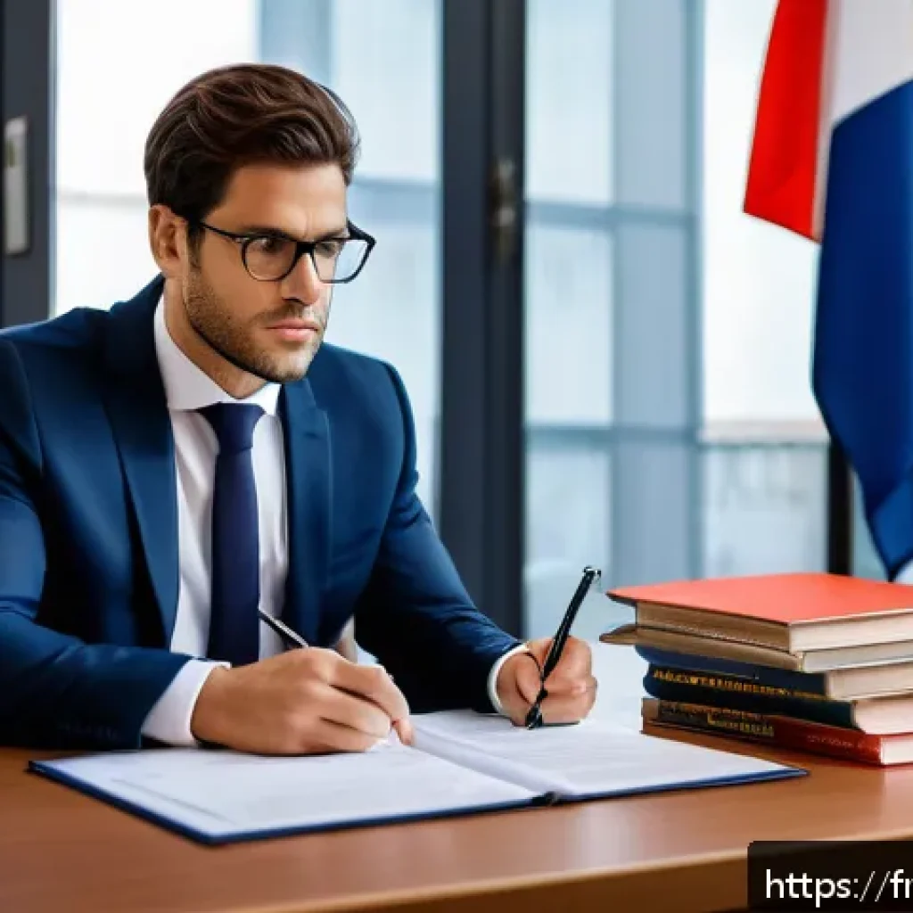법률 자문가의 법률업무 - A professional French lawyer in a modern office setting, wearing a tailored dark blue suit and white...