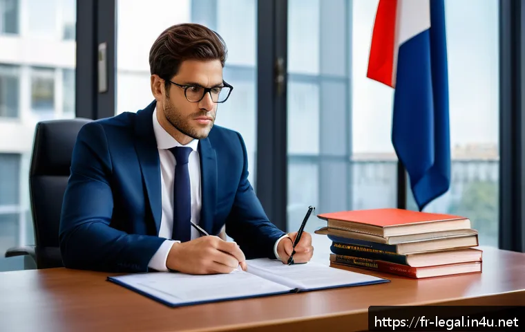 법률 자문가의 법률업무 - A professional French lawyer in a modern office setting, wearing a tailored dark blue suit and white...